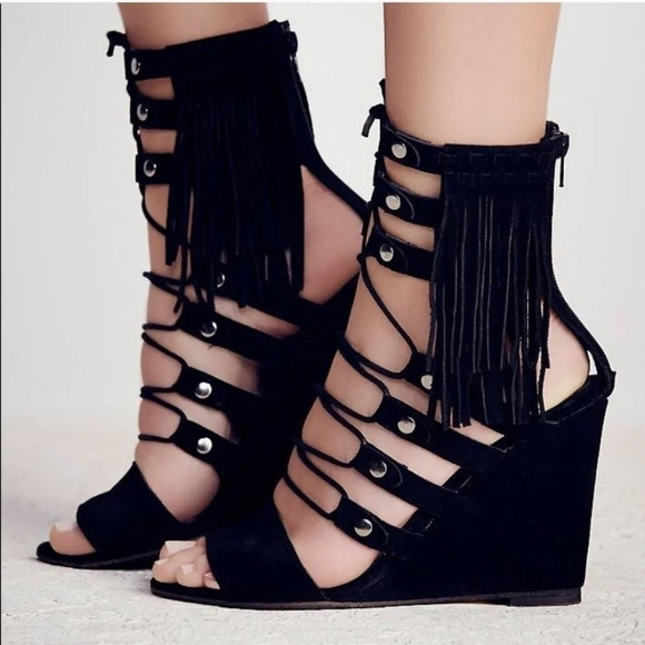 Free People Shoes - FREE People fringe stud suede wedge heels black shoes 39 US 9